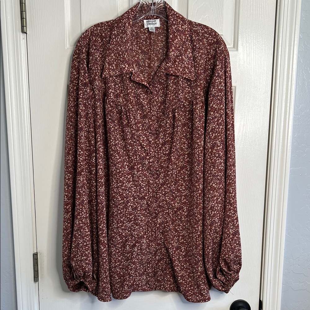 Unique Vintage blouse ditzy floral size 4X brown rust blue cream